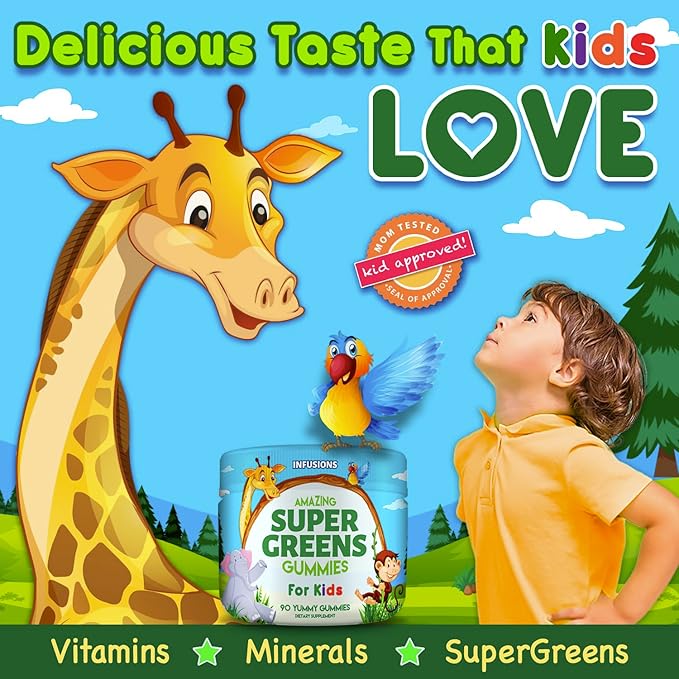 Infusions Super Green Gummies for Kids 90 Count - Superfood Booster Soft and Delicious 8 Powerful Blends Vegan Friendly Gluten Free & Non-GMO