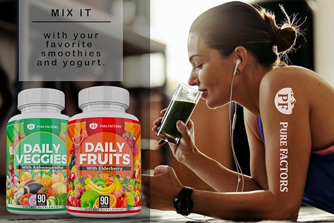 Daily Fruits & Veggies Supplement - Superfood Ashwagandha, Elderberry, Fruit & Vegetable Blend | Immunity & Health Support for Men & Women | 90 Capsules | 2-Pack