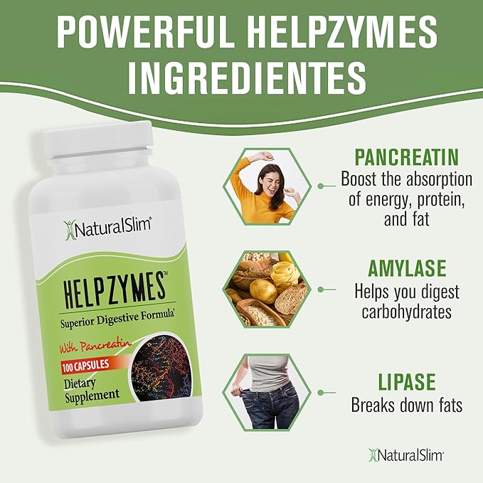 NaturalSlim Helpzymes Digestive Enzymes for Digestion, Bloating, Gas Relief & Gut Health Supplement - Digestion Supplement* with Pancreatin, Betaine HCL & Daily Essential Enzyme - 100 Caps (2 Pack)