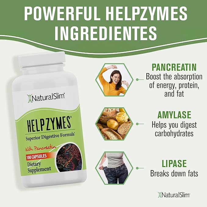 NaturalSlim Helpzymes Digestive Enzymes - Superior Digestion Supplements for Gut Health, Bloating & Gas Relief - Amylase, Bromelain, Lipase, Protease & Pancreatin with Betaine HCL - 100 Caps (Solo)