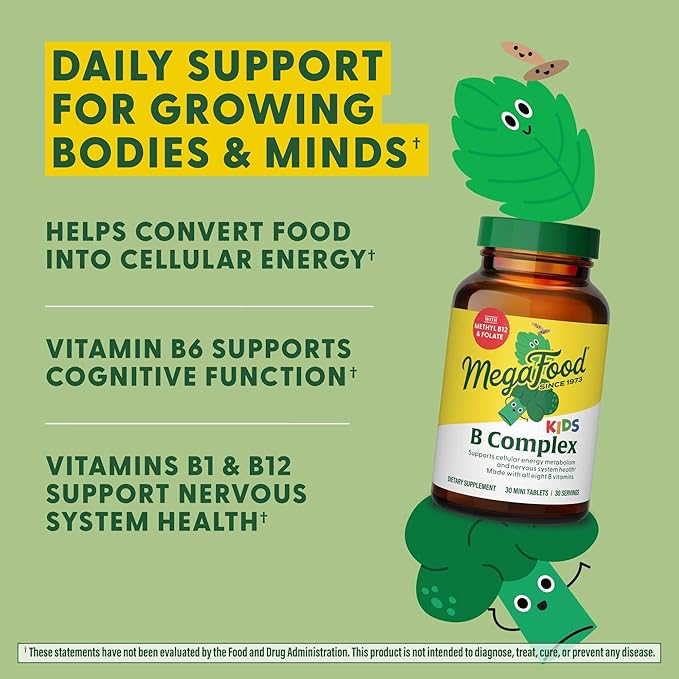MegaFood Kids B Complex - B Complex Vitamin Supplement, 8 B Vitamins - Vitamin B6, Vitamin B12, Folate, Biotin & More, Supports Cellular Energy Production, Vegetarian, Gluten Free – 90 Mini Tablets