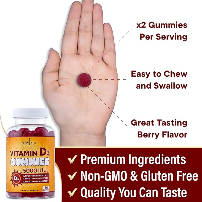 NEW AGE Vitamin D3 5000 IU 125mcg Gummies - Support Immune Support, Strong Bone Health - Non-GMO, Gluten-Free, Dairy-Free, No Gelatin (60 Gummies (Pack of 1))