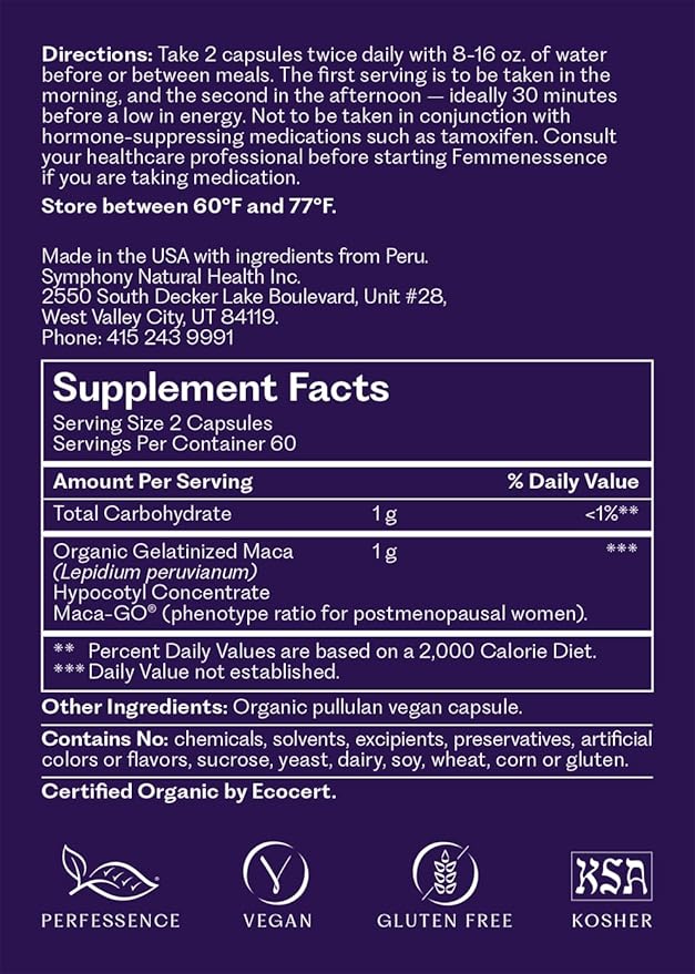 Femmenessence MacaPause – Clinically Proven for Post Menopause, Natural Hormone Balance Supplements for Women, Bone and Heart Health, Symptom Relief, Organic Maca Root Capsules (120)
