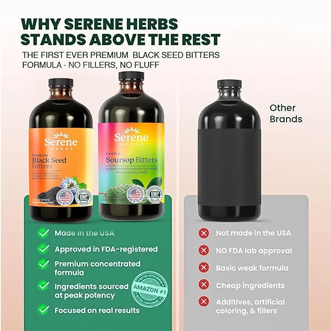 Soursop & Black Seed Bitters Bundle – Organic Herbal Detox for Digestive Support & Immune Health by Serene Herbs – Non-GMO, 32 oz (16 oz Each), 64 Servings