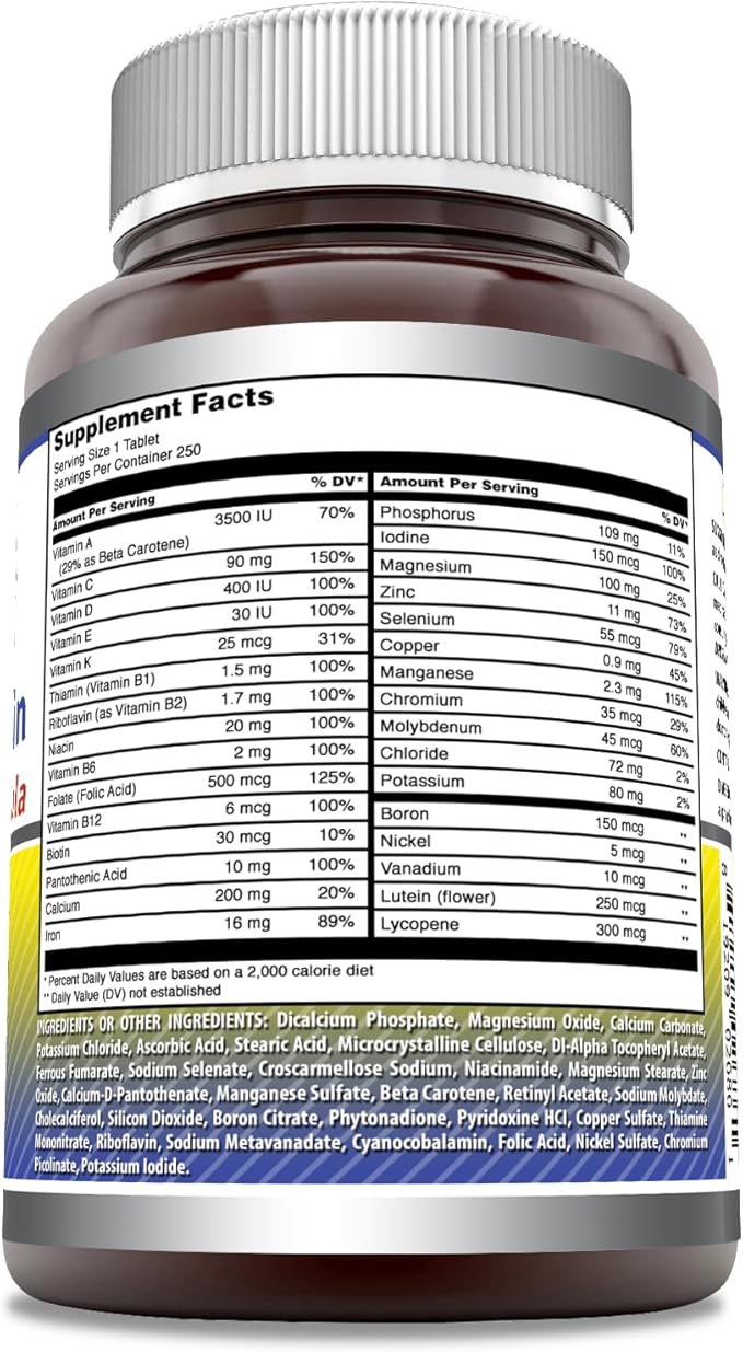 Amazing Formulas Daily Multivitamin Tablets (Non-GMO) - Just 1 Tablets A Day Formula A Complete Multivitamin to Support Cardiovascular Health, Immune Functions, Visual Functions & More* (250 Count)