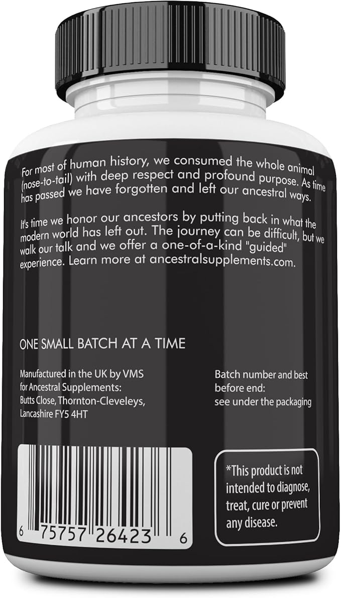 Ancestral Supplements Grass Fed Beef Organ Supplement, Supports Whole Body Wellness with Proprietary Blend of Liver, Heart, Kidney, Pancreas, Spleen, Freeze-Dried Beef, Non-GMO, 180 Capsules
