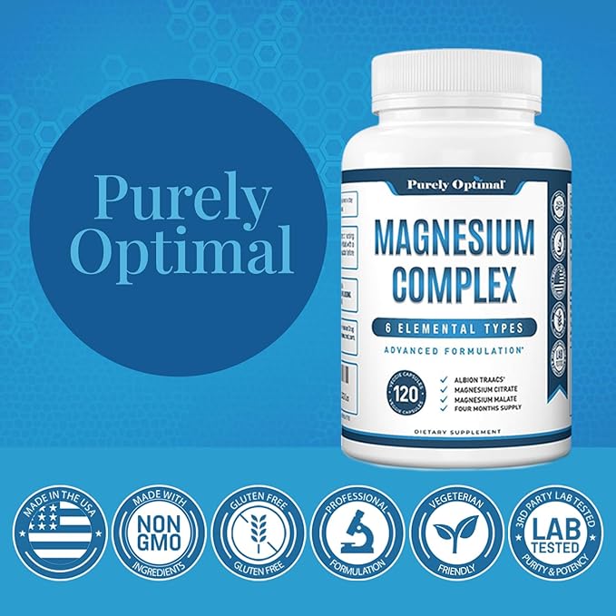 Purely Optimal Magnesium Complex - High Absorption Magnesium Supplement with Magnesium Citrate, Glycinate, Malate & More - High Absorption, Gluten Free, Soy Free, Non-GMO - 120 Capsules