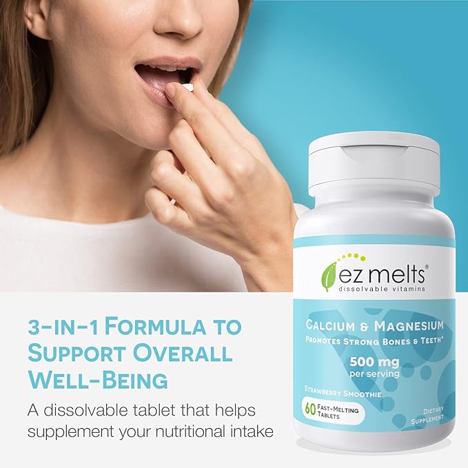 EZ Melts Dissolvable Calcium and Magnesium Supplement with Vitamin D3, Sugar-Free, 1-Month Supply