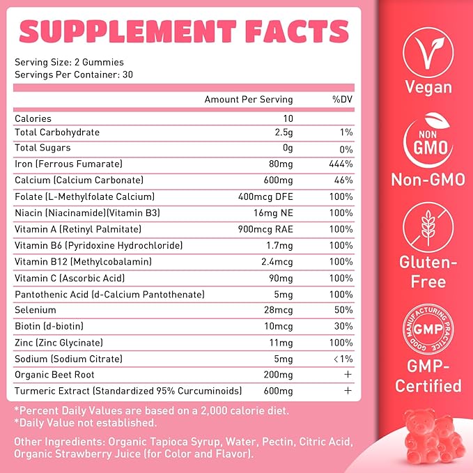 2 Pack Iron Gummies for Men and Women, Energize, Combat Fatigue, Support Anemia Recovery. Packed with Iron, Folate, Vitamin C, in Vegan Strawberry Flavor, 120 Gummies
