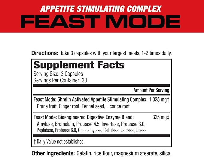 MuscleMeds Feast Mode Appetite Stimulant Weight Gain Pills Digestive Enzymes Safe and Effective 90 Caps, Unflavored, 90 Count