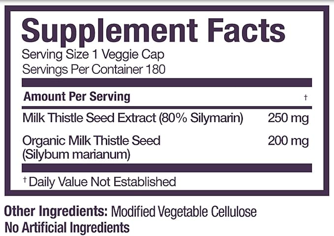 Organic Milk Thistle Capsules, 180 Caps, Pure Milk Thistle Powder Plus 80% Silymarin Extract Standardized Complex, 450 mg, Natural Liver Health Supplement, Immune Boost, Detox and Cleanse