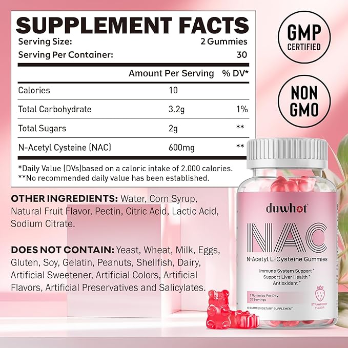 NAC Gummies 600mg, N Acetyl Cysteine Supplement NAC Chewable for Antioxidants & Immune Support, Lung & Liver Health, Natural Strawberry Flavor, 60ct
