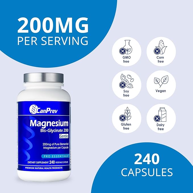 CanPrev Magnesium BisGlycinate Gentle 200mg, 240 v-Caps 240-Day Supply - Pure Elemental Magnesium Supplement, Supports Bone and Muscle Function, Gentle on Stomach, Perfect for Daily Magnesium Needs
