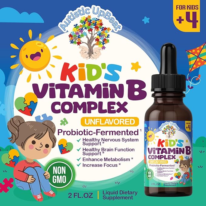 Autistic UpBeat: Kid's Vitamin B Complex | Kid-Friendly Drops | Unlfavored | B1, B2, B3, B6, B7, B9 & Methyl B12 | Brain Function, Focus, Metabolism | Kids B Complex Liquid Drops Supplement