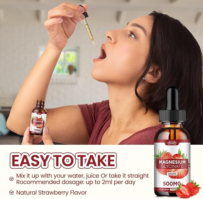 Magnesium Glycinate Supplement, Liquid Magnesium Glycinate Liquid Drops 500mg-Support Stress Relief, Relaxation, Mood, Sleep, Bone & Muscle-2 Fl Oz, Vegan, Strawberry Flavor