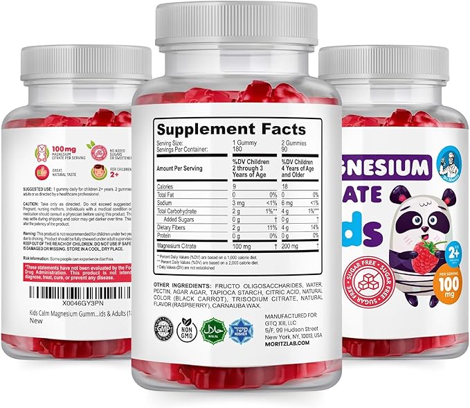 DR. MORITZ Sugar-Free Calm Magnesium Gummies for Kids and Adults - Non-GMO Magnesium Citrate Gummies - Raspberry Flavor - 1-Pack (180 Count)