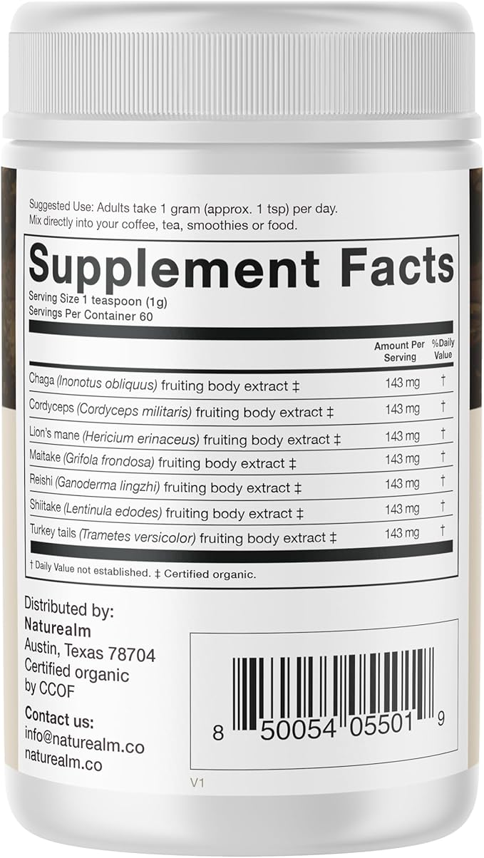 Naturealm - Sacred 7 Mushroom Extract Powder - Lion’s Mane, Cordyceps, Reishi, Turkey Tail, Chaga, Maitake, and Shiitake - 100 Percent Fruiting Bodies, 2oz