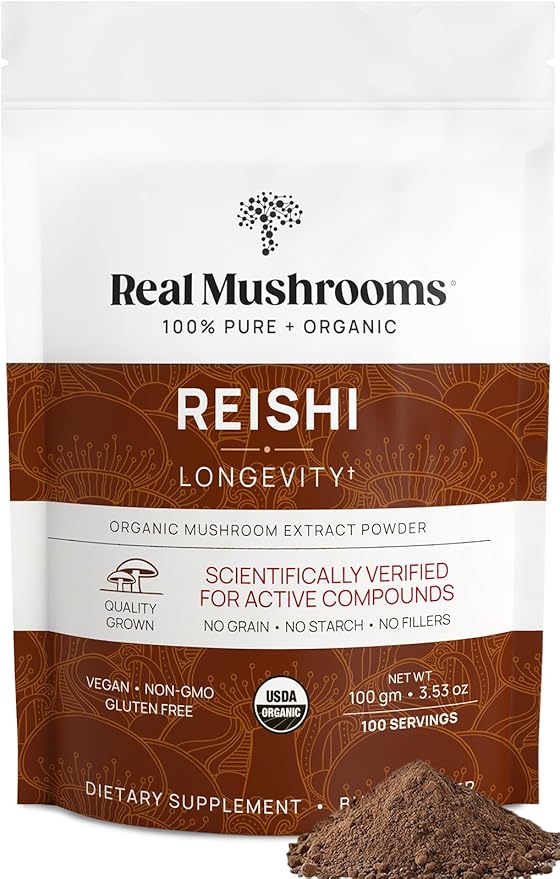 Real Mushrooms Reishi Powder - Organic Mushroom Extract Supplement with Potent Red for Longevity, Mood, Sleep, Immune Support Vegan Supplement, Non-GMO, 100 Servings