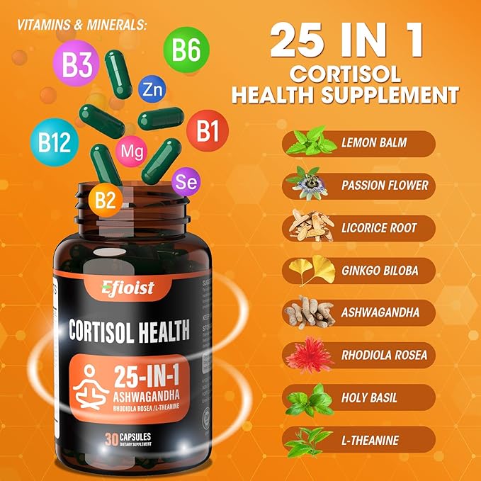Cortisol Supplement for Women, 25-in-1 Cortisol Reducer for Women & Men, Cortisol Supplements for Men with Ashwagandha, Rhodiola Rosea, L-Theanine, for Mood, Focus, Sleep Support, 30 Capsules