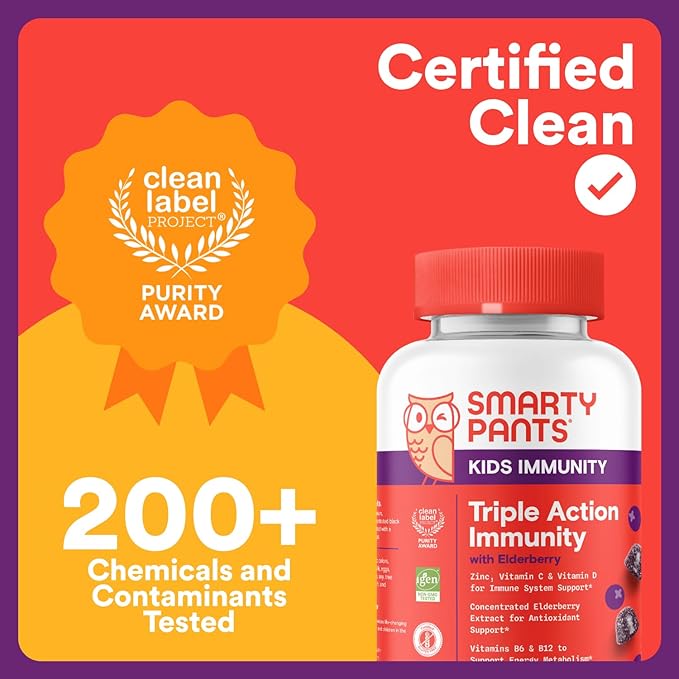 SmartyPants Kids Immunity Elderberry Gummies: Kids Immune Support Supplement, Vitamin C, Vitamin D, Vitamins B6 & B12 and Zinc, Gluten Free, Elderberry Flavor, 60 Count (30 Day Supply)