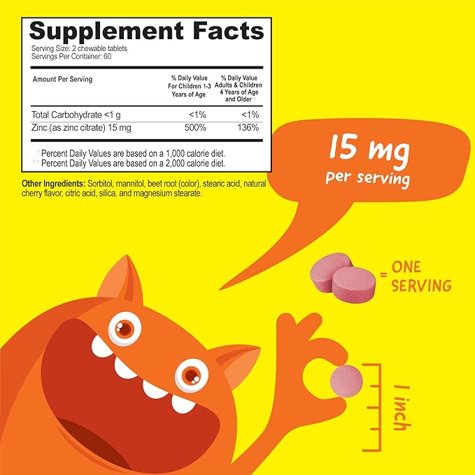 Kids Zinc 15mg Chewable Tablets - Natural Cherry Flavor - Vegan, Vegetarian, GMO-Free, Gluten Free, Nut Free Vitamins - Dietary Supplement for Immune Support - for Children - 120 Chewables