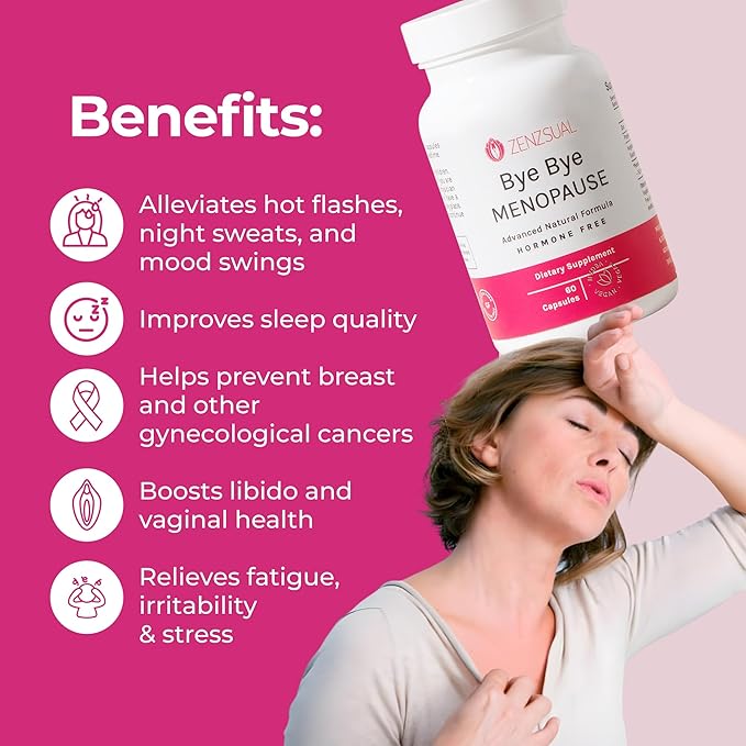 ZENZSUAL Bye Bye Menopause with Melatonin Supplements for Women – Menopause Relief & Hormone Balance - Reduces Hot Flashes, Night Sweats, and Mood Swings (60 Capsules)