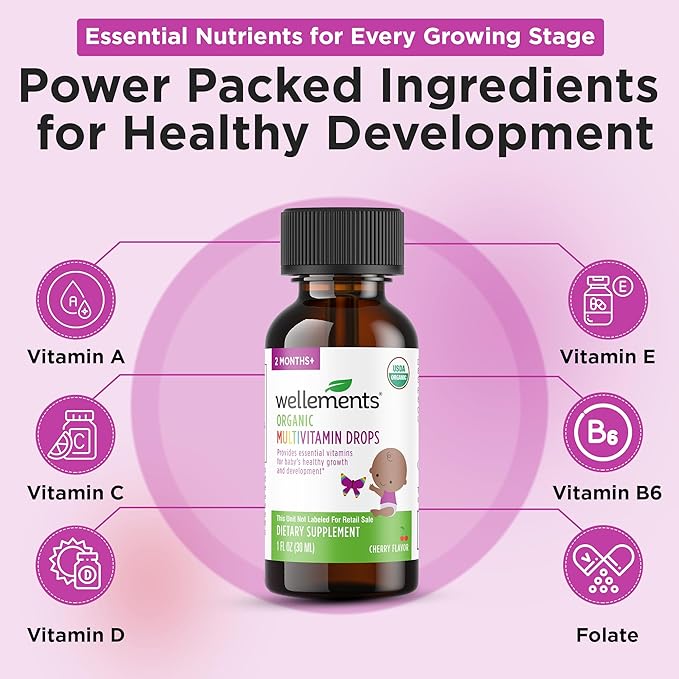 Wellements Organic Baby Multivitamin Drops (1 Fl Oz) - Cherry Flavor Liquid Multivitamins for Infants & Toddlers (2 Months+) - Toddler Vitamins for Immune Support*, Healthy Growth & Bone Development*