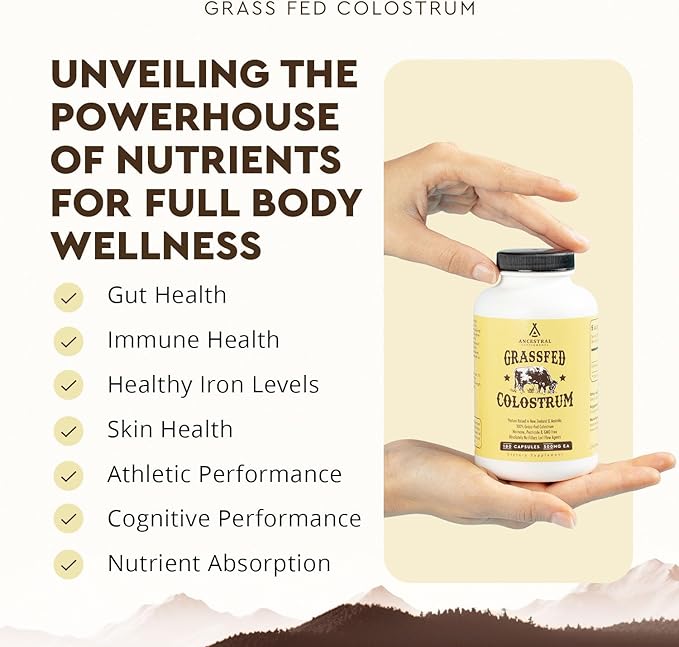Ancestral Supplements Grass Fed Beef Colostrum Supplement, 3000 mg, Offers Immune Support and Promotes Gut Health, Athletic Performance, Healthy Iron Levels, Growth and Repair, Non GMO, 180 Capsules