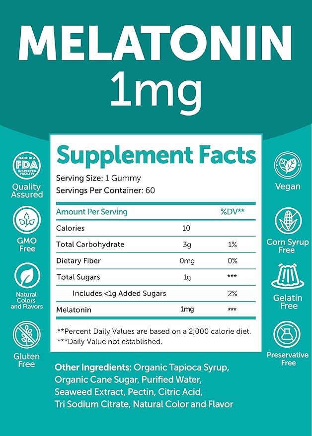 Lunakai USA Made Low Dose Melatonin Gummies 1mg - Gentle Sleep Aid for Adults & Kids - Non-GMO, Vegan, Gluten-Free - 60 Count