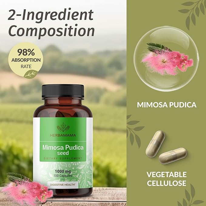 HERBAMAMA Mimosa Pudica Seed Capsules - 1000 mg Mimosa Pudica Plant for Digestive Health - Promoting Digestive Cleanse and Detox Support - Vegan, Non-GMO - 100 Caps