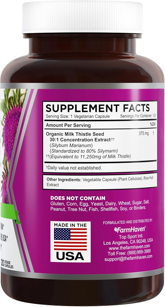 FarmHaven Silymarin Milk Thistle Capsules | 375mg Strength | 30X Concentrated Seed Extract & 80% Standardized Silymarin| Non-GMO | 120 Veggie Capsules
