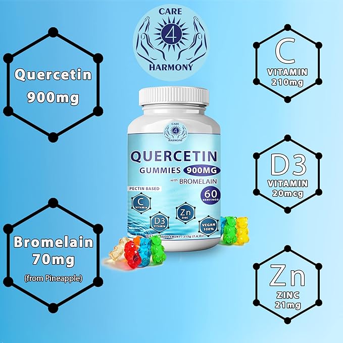Quercetin Gummies - Quercetin with Bromelain Vitamin C + Zinc Vitamin D3 β Chewable Quercetin 900mg Supplements - Quercetin for Kids and Adults (1)