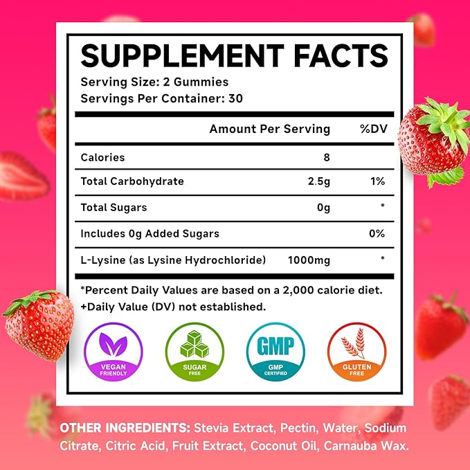 2 Pack L-Lysine 1000mg Gummies, Lysine Supplement for Adults & Kids, Essential Amino Acid for Oral & Lips Health, Boost Immune & Calcium & Collagen, Sugar-Free, Strawberry Flavor, 120 Count