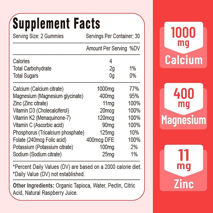 Calcium Magnesium Zinc Gummies with Vitamin D3 & K2, High Absorption Magnesium Glycinate Potassium for Immune and Calm Mood, Raspberry Flavor 120 Gummies