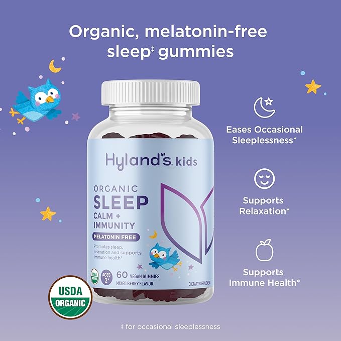 Hyland's Kids - Melatonin Free Organic Sleep Aid Gummies with Calm & Immune Support - with Chamomile, Elderberry & Passion Flower, Helps with Sleeplessness & Restlessness, 60 Vegan Gummies