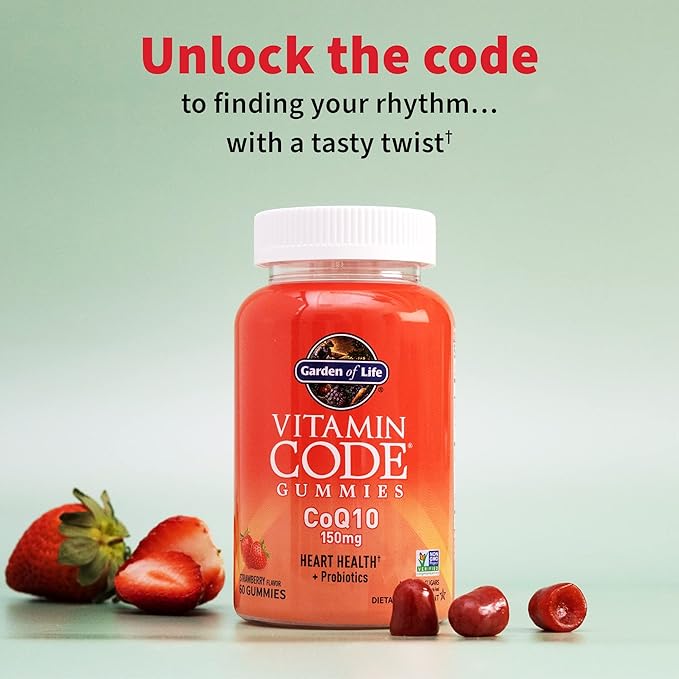 CoQ10 Gummies 150 mg, Coenzyme Q10 for Heart Health, Energy Production & Healthy Aging + Prebiotics & Probiotics for Digestion, Vitamin Code Non-GMO, Gluten-Free, 60 Strawberry Gummies, 30 Day Supply