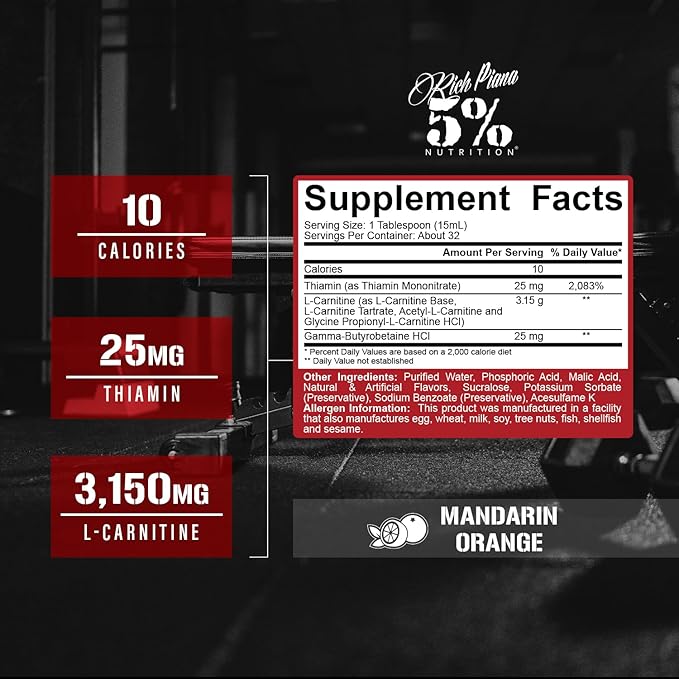 5% Nutrition Rich Piana Liquid L-Carnitine 3150 | Premium 4 Source Blend + GBB, The Super Carnitine (Mandarin Orange)