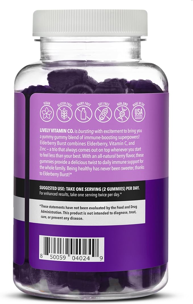 LIVELY VITAMIN CO. Elderberry Burst Gummies for Kids & Adults - Boosts Immune Health - Helps Avoid Colds & Illness - Black Elderberry, Vitamin C & Zinc - 3 Grams of Sugar - No Gelatin - 60 Gummies