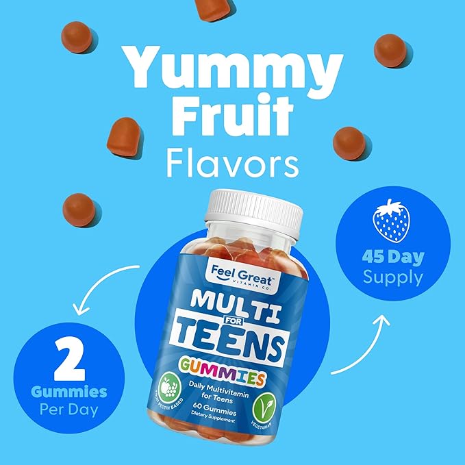 Feel Great Teen Multivitamin Gummies | Citrus & Strawberry Flavor for Teen Boys & Girls | for Bone, Muscle & Immune Support | Vegetarian | 30-Day Supply