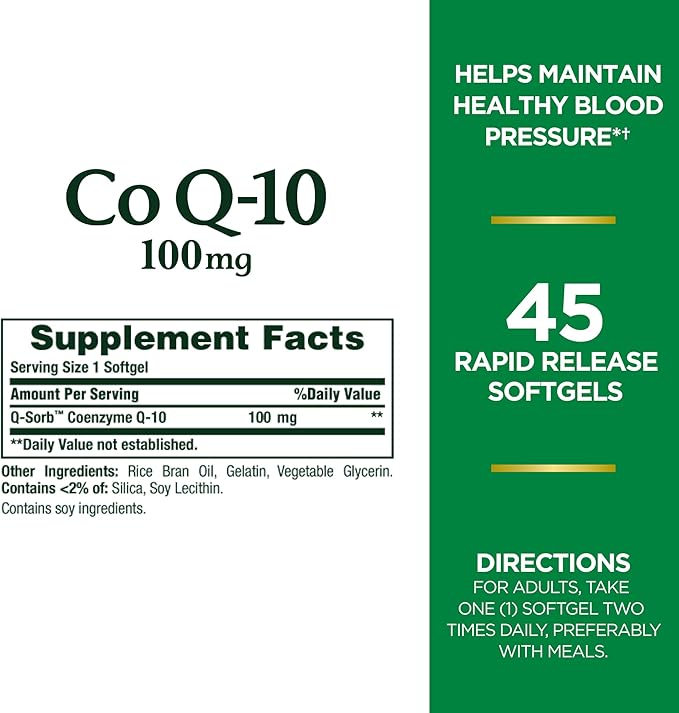 Nature's Bounty CoQ10 100mg for Heart Health Support, Non-GMO Q-Sorb Coenzyme Q-10 Antioxidant Support and Cardiovascular Wellness, Dietary Supplement, Rapid Release Softgels, 45 ct