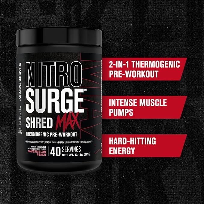 Jacked Factory Nitrosurge Shred Max Preworkout - High-Performance Thermogenic Pre Workout Powder for Men and Women - L Citrulline, Acetyl L Carnitine, Organic Caffeine - 40 Servings, Watermelon Peach