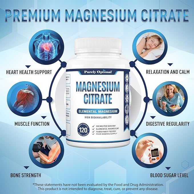 Purely Optimal Magnesium Citrate 500mg - Citrato de Magnesio, Supplement for Sleep, Heart, Nerves, Muscles - Gluten-Free, Non-GMO, 120 Capsules