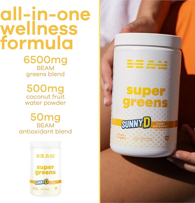 Be Amazing Super Greens Powder with Prebiotics, Digestive Enzymes & Antioxidants | Energy Supplements, 17 Fruits & 8 Veggies | Gluten-Free Juice & Smoothie Mix | Sunny D, 20 Servings, 360 g