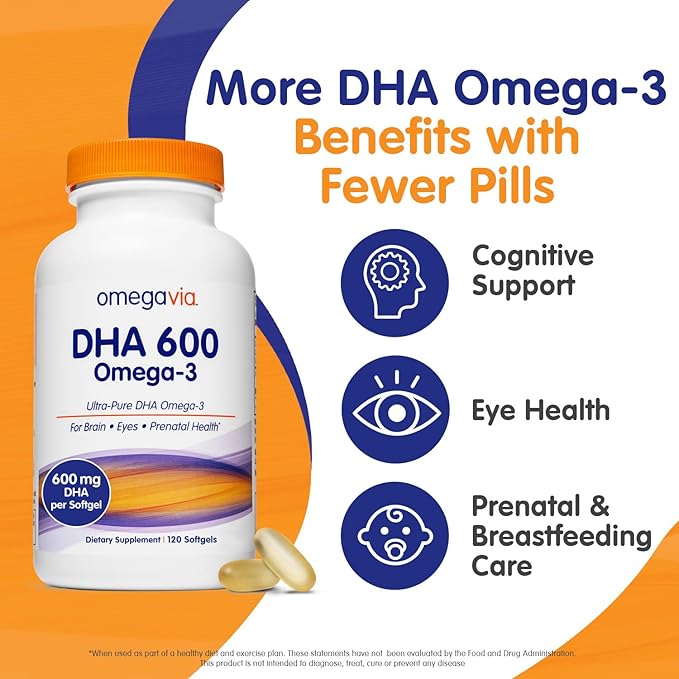 OmegaVia DHA 600 mg, Ultra Pure Omega-3 DHA Supplements for Brain and Eyes, DHA Prenatal Vitamins for Women, Burpless Fish Oil Omega 3, IFOS Tested, 120 Softgels