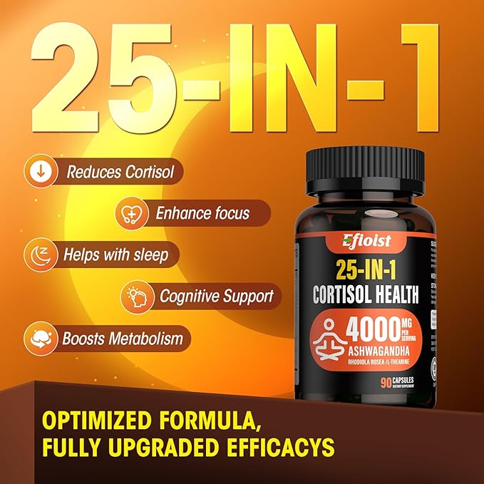 Cortisol Health Supplement, 25-in-1 Cortisol Reducer for Women & Men, Cortisol Supplements for Women with Ashwagandha, Rhodiola Rosea, L-Theanine, for Mood, Focus, Sleep Support, 90 Capsules