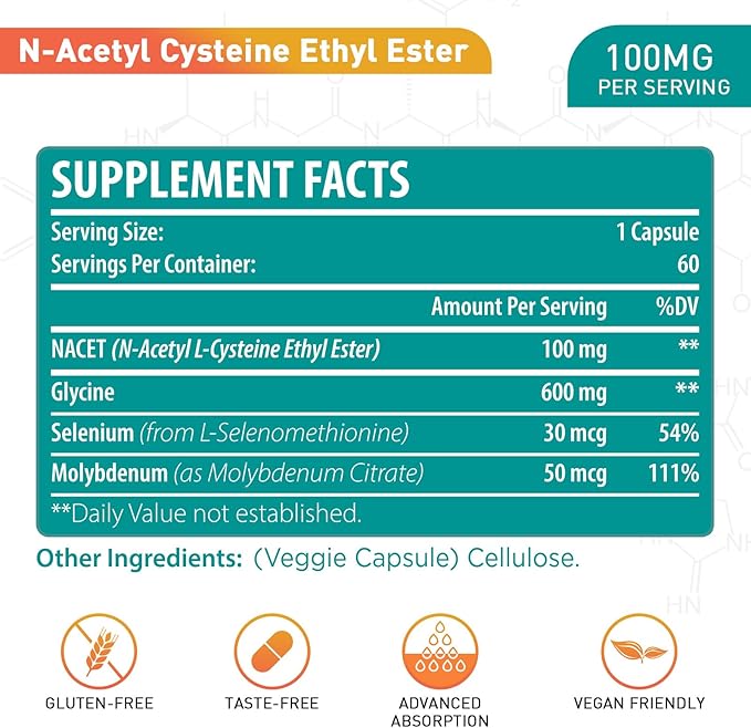 N-Acetyl Cysteine Ethyl Ester 100mg-More Absorption Than 1000mg NAC-with Glycine 600mg-Benefit Glutathione-Good for Immune System & Antioxidant for Adults,NACET(60 Capsules-1 Pack)