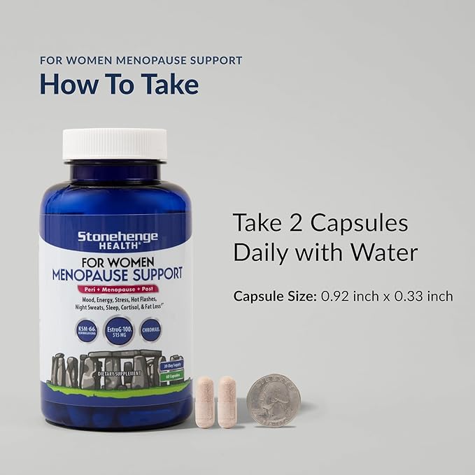 Stonehenge Health for Women Menopause Support for Peri + Menopause + Post - Mood, Energy, Stress, Hot Flashes, Night Sweats, Sleep & Cortisol, Chromax Chromium, Vitamin D3, KSM-66 Ashwagandha Extract