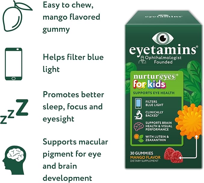 Nurtureyes Eye Health Gummy for Kids - 30 Easy-to-Chew, Mango Gummies - Ophthalmologist- Created Kids Eye Vitamins - Natural, Vegan, and Non-GMO Formula