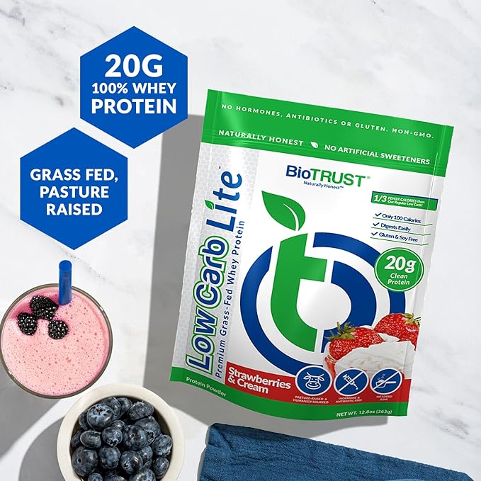 BioTrust Low Carb Lite, 20 Grams of Grass-Fed Whey Protein Isolate, 100 Calories, ProHydrolase Digestive Enzymes, Non-GMO, Free from Soy and Gluten, rBGH-Free (14 Servings) (Strawberries and Cream)