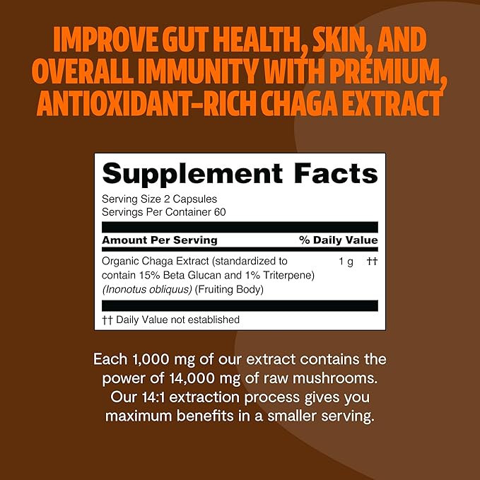 FreshCap Chaga Mushrooms Capsules 14,000mg - Chaga Mushroom Supplement, Mushroom Extract Antioxidants Supplement, Mushrooms Herbal Supplements, Ayurveda Nootropic Immunity Supplements (120 Capsules)